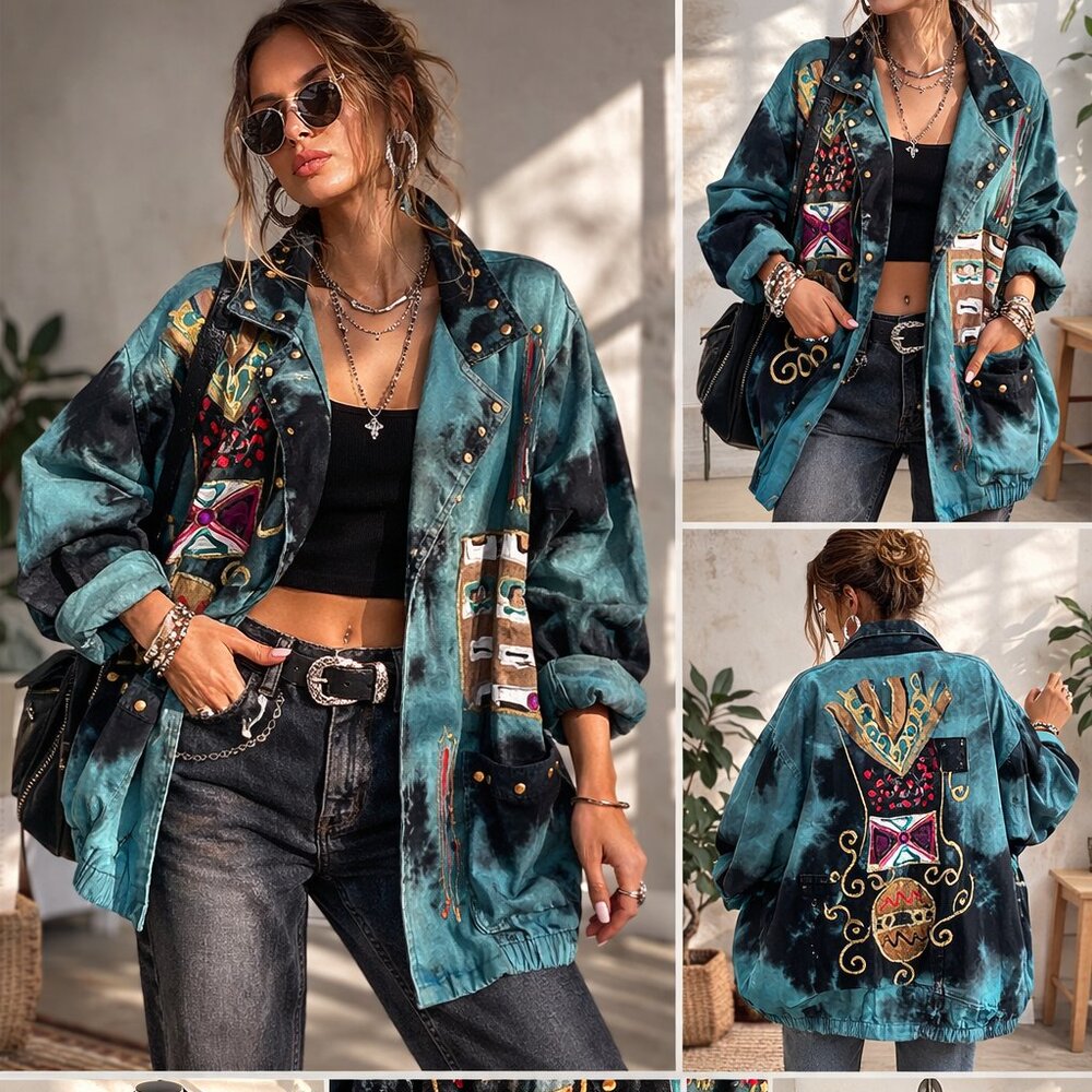 Vintage 90s Women’s Charle Casuals Art Jacket XL Boho Tribal Hand Painted Cotton